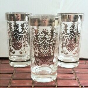 Set of 3 Midcentury Kimiko Silver Knight's Coat of Arms Cocktail Glasses